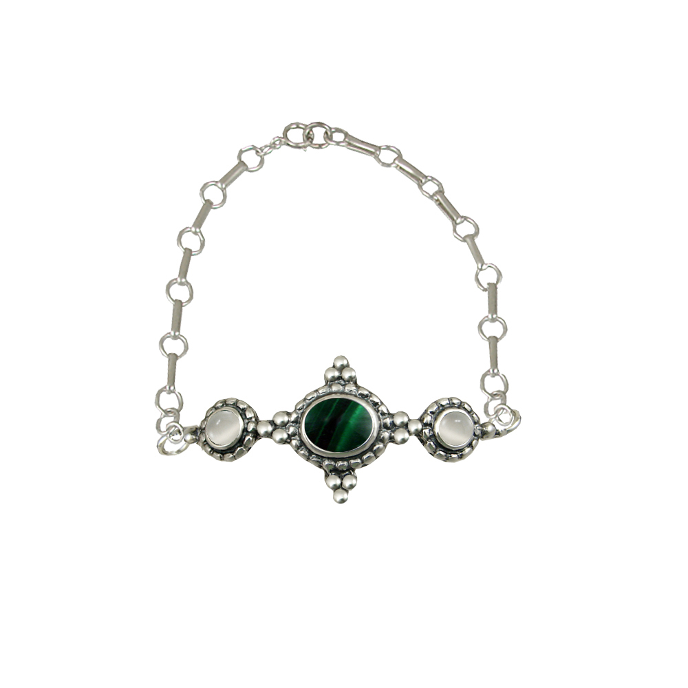 Sterling Silver Gemstone Adjustable Chain Bracelet With Malachite And White Moonstone